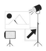 Photo studio equipment flat monochrome isolated vector object. Light on tripod and spotlight. Editable black and white line art drawing. Simple outline spot illustration for web graphic design