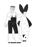 Happy senior man catching fish monochromatic flat vector character. Editable thin line full body fisherman on white. Simple bw cartoon spot image for web graphic design