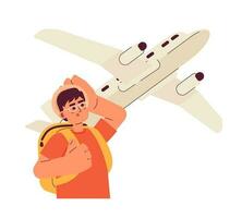 Excited man looking on flying plane flat concept vector spot illustration. Traveler with backpack and hat 2D cartoon character on white for web UI design. Isolated editable creative hero image