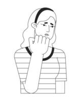 Unhappy young woman flat line black white vector character. Editable outline half body worried girl. Simple cartoon isolated spot illustration for web graphic design