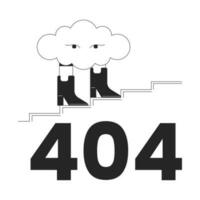 Surreal cloud walking in boots black white error 404 flash message. Cumulus stairs climb. Monochrome empty state ui design. Page not found popup cartoon image. Vector flat outline illustration concept