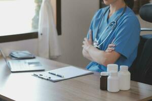 Medicine doctor touching tablet. Medical technology and futuristic concept. photo