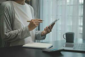 Audit concept,Administrator business man financial inspector and secretary making report calculating balance. Internal Revenue Service checking document. photo