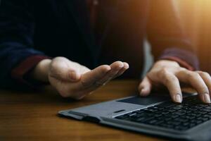 Document Businessman working modern computer Document Management System  Virtual online documentation database and process automation to efficiently manage files, photo