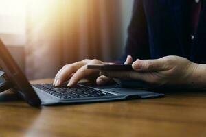 Document Businessman working modern computer Document Management System  Virtual online documentation database and process automation to efficiently manage files, photo