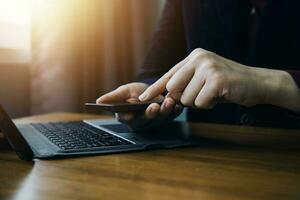 Document Businessman working modern computer Document Management System  Virtual online documentation database and process automation to efficiently manage files, photo