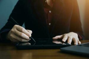 Document Businessman working modern computer Document Management System  Virtual online documentation database and process automation to efficiently manage files, photo