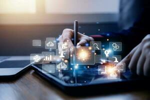 Big data analytics and business intelligence concept with chart and graph icons on a digital screen interface and a businessman in background photo