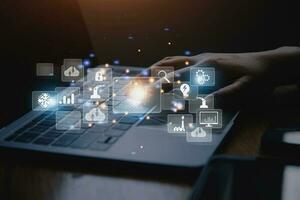 Big data analytics and business intelligence concept with chart and graph icons on a digital screen interface and a businessman in background photo