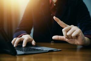Document Businessman working modern computer Document Management System  Virtual online documentation database and process automation to efficiently manage files, photo