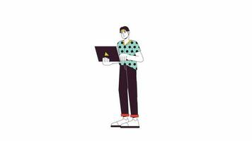 Young adult asian man working on laptop line 2D character animation. Freelancer flat color cartoon 4K video, alpha channel. Korean stylish guy typing on notebook animated person on white background video