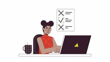 Telecommuting woman filling out checklist line 2D animation. Black american freelancer filling in survey 4K video motion graphic. Online job linear animated cartoon flat concept, white background