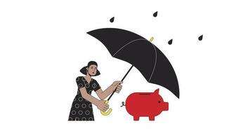 schwarz Dame Sicherung Konto Schweinchen Bank unter Regenschirm Linie 2d Animation. afrikanisch amerikanisch weiblich mit Sparschwein 4k Video Bewegung Grafik. Sicherheit linear animiert Karikatur eben Konzept, Weiß Hintergrund