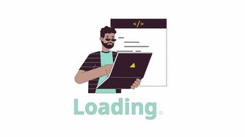 It developer coding on laptop line 2D loading animation. Software engineering remote employee animated cartoon linear character 4K video loading motion graphic. Coder programmer download process gif