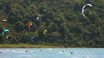 kitesurf, kitesurf kiter e kiteboarder é puxado através mar água de uma vento poder pipa video