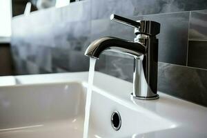 Modern public bathroom with row of white ceramic wash sink basins and faucet with mirror in restroom concept by AI Generated photo