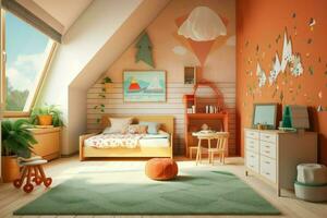 moderno niño dormitorio interior diseño en casa con decoración niños. vistoso niños dormitorio concepto por ai generado foto