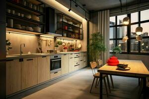 Modern kitchen interior design in apartment or house with furniture. Luxury kitchen home scandinavian concept by AI Generated photo