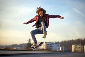 un caucásico hombre haciendo trucos o saltando en un patineta a el calle. joven hombre con patinador saltando concepto por ai generado foto