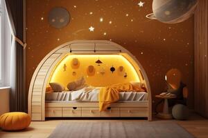 Modern child bedroom interior design in house with decoration children. Colorful children bedroom concept by AI Generated photo