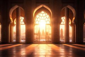 Eid mubarak and ramadan kareem greetings with islamic lantern and mosque. Eid al fitr background. Eid al fitr background of window concept by photo
