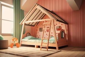 moderno niño dormitorio interior diseño en casa con decoración niños. vistoso niños dormitorio concepto por ai generado foto