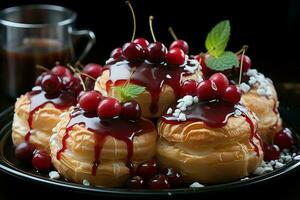 Homemade of delicious pastry or pancakes with fruit danishes and cherry. Danish pastry and dessert concept by AI Generated photo