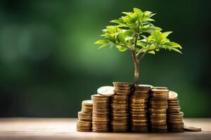 Business growth with a growing tree on a coin. Showing financial developments. Financial planning concept by AI Generated photo