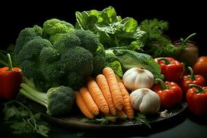 colección mezcla Fresco vegetales y frutas para un ensalada. sano dieta concepto y vegetales comida por ai generado foto