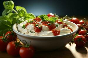 un delicioso tomate sopa comida en un bol. invierno comida y sano proteína sopa comida concepto por ai generado foto