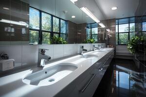 Modern public bathroom with row of white ceramic wash sink basins and faucet with mirror in restroom concept by AI Generated photo