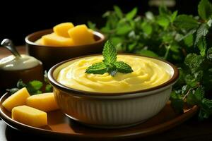 un delicioso maíz sopa comida con vegetales en un bol. invierno comida y alto proteína sopa comida concepto por ai generado foto