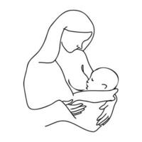 Minimal line vector woman mother holding newborn baby in arms. Mom hugs her baby. Mother's Day.