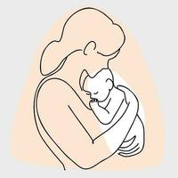 Woman hold her baby. Happy Mother day card. Continuous one line drawing. Vector illustration.