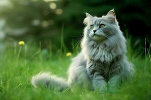 linda gato Mira a el lado y sentado en el jardín o césped. gato en naturaleza hábitat. gato día concepto por ai generado foto