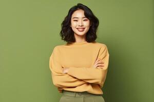 Beautiful asian woman in casual with smile cheerful. Studio shot asian woman standing hand gesture concept by AI Generated photo