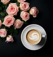 café taza con rosas flores foto