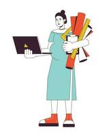 Pregnant architect woman with drawings flat line concept vector spot illustration. Woman holding laptop 2D cartoon outline character on white for web UI design. Editable isolated color hero image