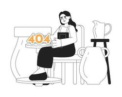 cerámica clase negro blanco error 404 destello mensaje. indio mujer cerca cerámica rueda. monocromo vacío estado ui diseño. página no encontró surgir dibujos animados imagen. vector plano contorno ilustración concepto