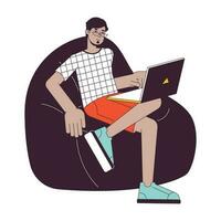 Relaxed man sitting on beanbag flat line concept vector spot illustration. Freelancer with laptop 2D cartoon outline character on white for web UI design. Editable isolated color hero image