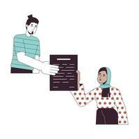 Young man give document to woman in hijab flat line concept vector spot illustration. Exchange information 2D cartoon outline characters on white for web UI design. Editable isolated color hero image