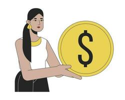 Latina girl with golden coin flat line color vector character. Editable outline half body person with savings on white. Simple cartoon spot illustration for web graphic design