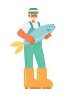 Cheerful senior man in hat catch fish semi flat color vector character. Editable full body fisherman in boots and costume on white. Simple cartoon spot illustration for web graphic design