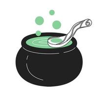 Magic cooking in halloween cauldron monochrome flat vector object. Witches pot with utensil. Editable black and white thin line icon. Simple cartoon clip art spot illustration for web graphic design