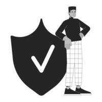 Life insurance bw concept vector spot illustration. Self confident man put hand on shield 2D cartoon flat line monochromatic on white for web UI design. Editable isolated color hero image