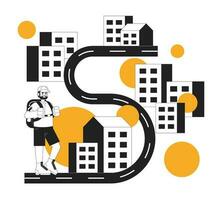 Traveler exploring cities monochrome concept vector spot illustration. Male tourist on serpentine road 2D flat bw cartoon character on white for web UI design. Isolated editable hand drawn hero image