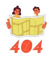 Latinamerican travelers error 404 flash message. Paper map. Looking on road map. Empty state ui design. Page not found popup cartoon image. Vector flat illustration concept on white background