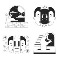 Psychedelic surreal bw concept vector spot illustration set. Split faces, surrealism arc 2D cartoon flat line monochromatic scenes for web UI design. Dreams editable isolated outline hero image pack