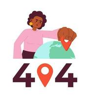 mujer seleccionando sitio en globo error 404 destello mensaje. GPS navegador en mapa. vacío estado ui diseño. página no encontró surgir dibujos animados imagen. vector plano ilustración concepto en blanco antecedentes