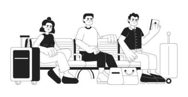 viajeros con maletas monocromo plano vector personaje. editable lleno cuerpo personas sentado en de madera banco y esperando en blanco. sencillo bw dibujos animados Mancha imagen para web gráfico diseño